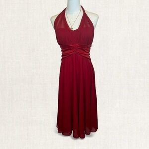 Y2K red chiffon halter midi dress ruched waist XOXO coquette party dress 2000